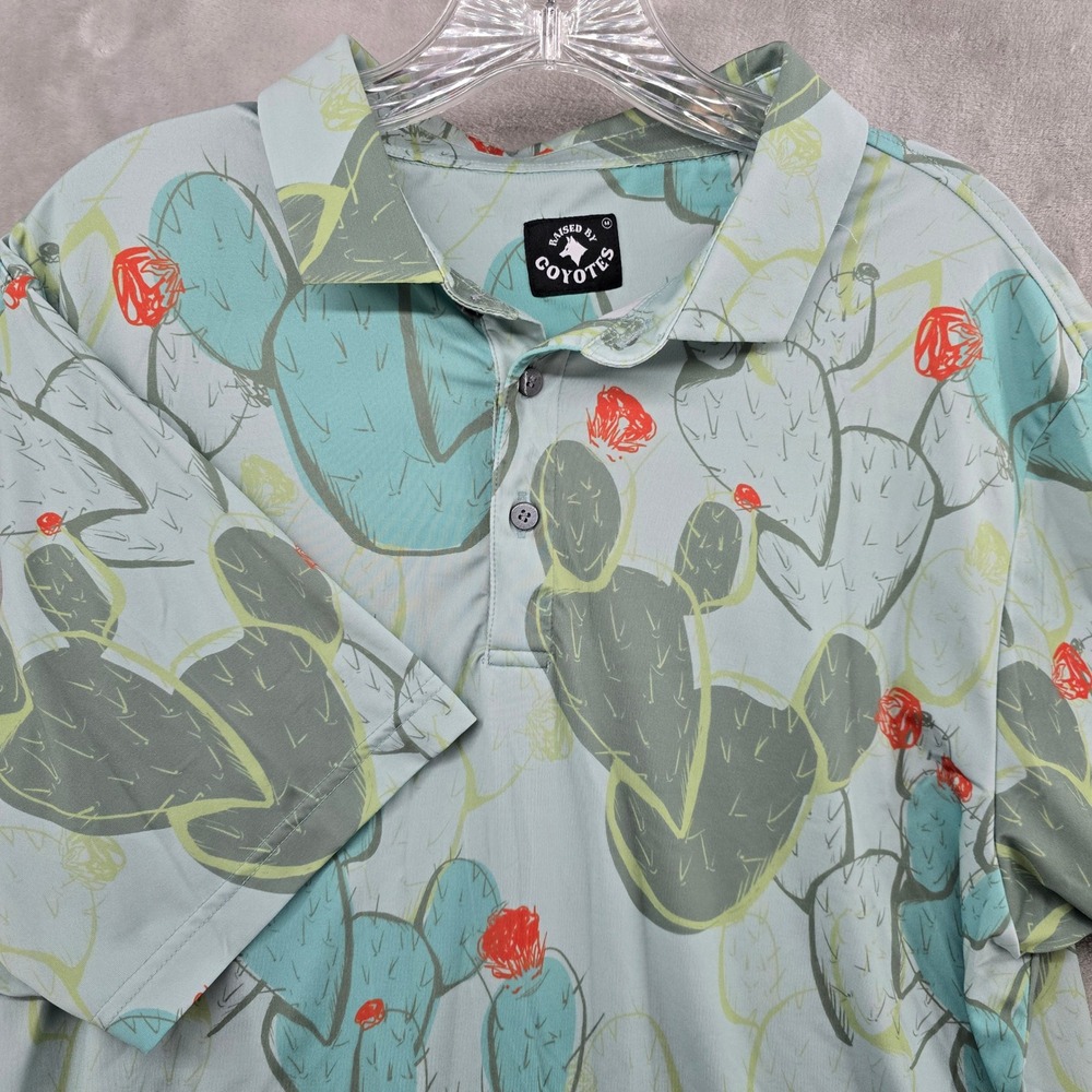Raised By Coyotes Mens Medium Polo Shirt Blue Cactus Print Short Sleeve Spandex